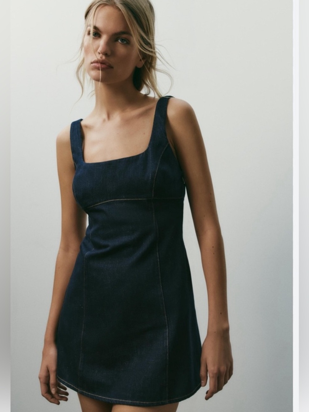 NWOT Zara 100% Cotton Dark Indigo Denim Mini Dress with Wide Straps